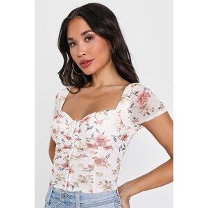 Lulus Sweeter Vibes Ivory Floral Mesh Short Sleeve Bustier Crop Top White